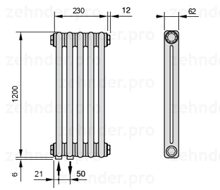 Схема (чертеж) Радиатор Zehnder Charleston 2120/5 №3370 Белый глянцевый RAL 9016